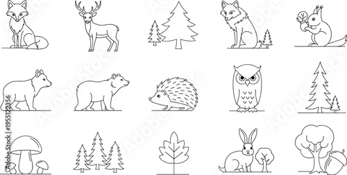 Collection of cute forest animals and trees in a simple line art style