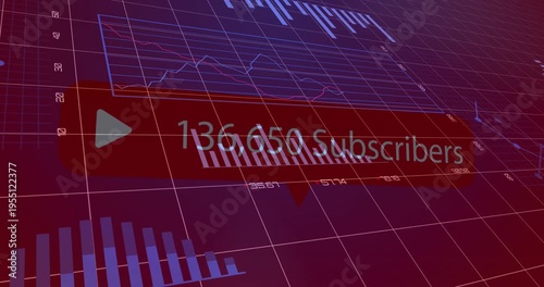 Animating red subscriber callout updating subscribers on magenta-red 3D grid, with bars and donut