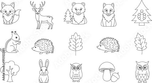 Cute forest animals and nature elements in a simple line art style
