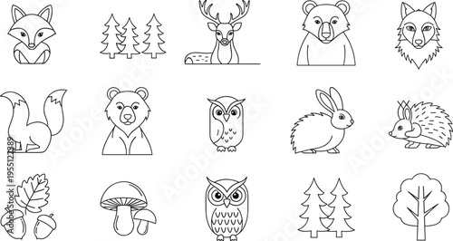 Collection of cute forest animal and nature icons in a simple line art style