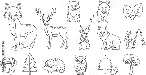 Collection of cute forest animals and elements in a simple line art style