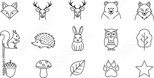 Collection of cute forest animal icons and nature elements in a simple line art style