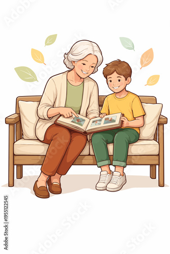 A happy senior couple and their grandchildren sit together on a sofa at home, smiling while reading a book and sharing love as a family