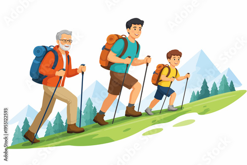 A vector illustration of a cartoon mother and school kids playing soccer with a ball on green grass for a fun family sport drawing