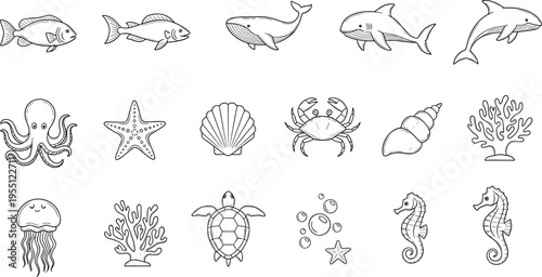 Collection of cute hand-drawn marine life and ocean elements in a simple line art style