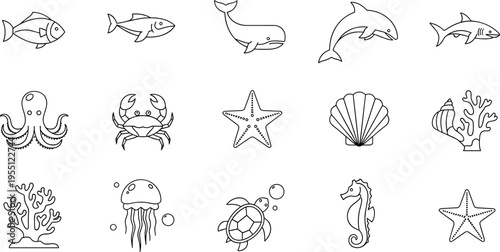 Collection of simple line art icons representing various marine life and ocean elements