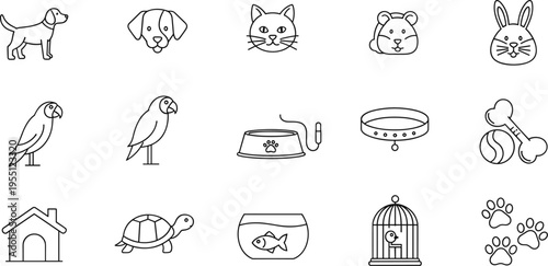Collection of simple line art icons representing various domestic animals and pet supplies