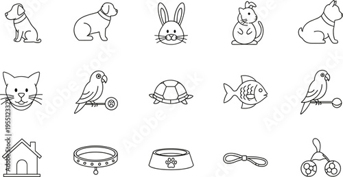 Collection of simple line art icons representing various pets and pet accessories