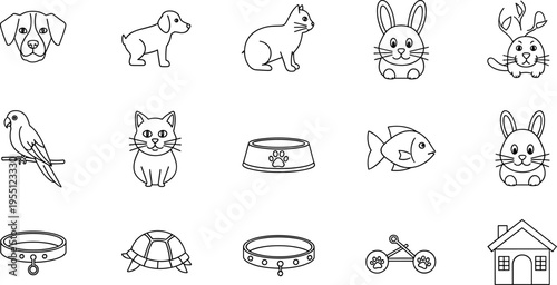 Collection of cute cartoon pet icons and symbols for animal lovers and pet care