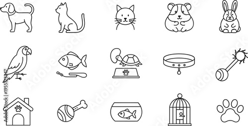 Collection of simple line art icons representing various pets and pet care items