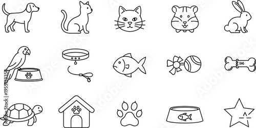 Collection of simple line art icons representing various pets and pet care items