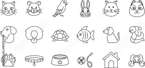 Collection of simple line art icons representing various pets and pet accessories