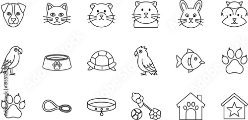 Collection of simple line art icons representing various domestic animals and pet supplies
