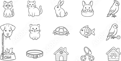 Collection of cute cartoon pet icons and symbols in a simple line art style