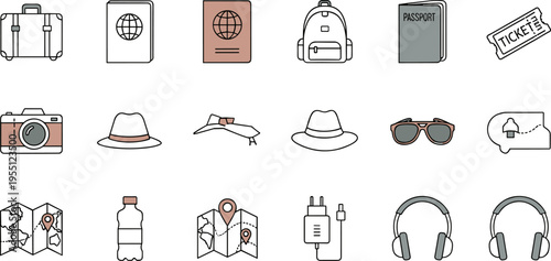 Collection of travel icons including suitcase, passport, backpack, camera, and map