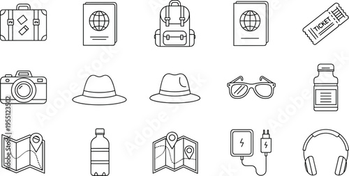 Collection of travel essentials and accessories for a journey, depicted as line art icons