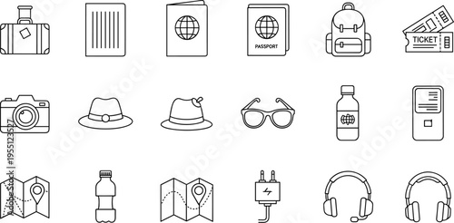 Collection of travel and vacation icons in a clean, modern line art style