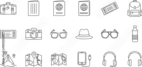 Collection of travel and vacation icons in a clean, modern line art style