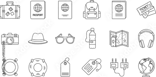 Collection of travel and vacation icons in a clean, modern line art style