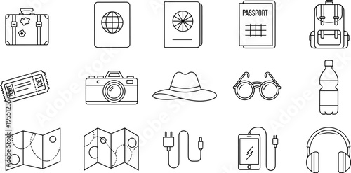 Collection of travel and vacation icons for planning and documenting adventures