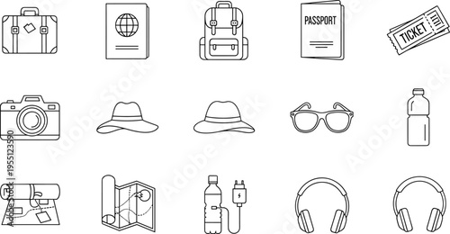 Collection of travel essentials and accessories for a vacation or trip