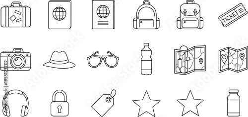 Collection of travel and adventure icons in a clean, modern line art style