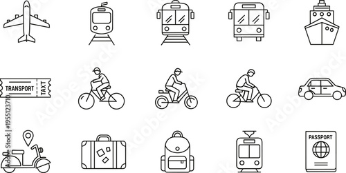 Collection of transportation and travel icons in a clean, modern line art style
