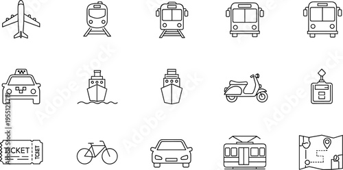 Collection of transportation icons including airplane, train, bus, taxi, ship, scooter, and map