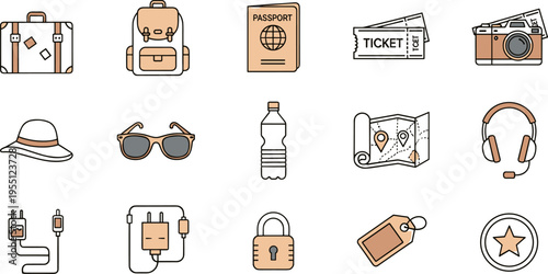 Collection of travel and vacation icons including luggage, passport, tickets, camera, and map