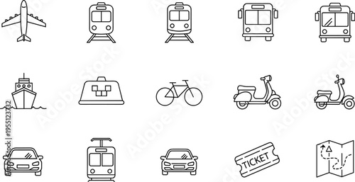Collection of transportation and travel icons in a clean line art style