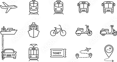 Collection of transportation and travel icons including airplane, train, bus, car, ship, and scooter