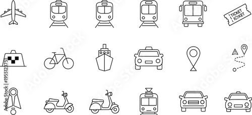 Collection of transportation and travel icons in a clean, modern line art style