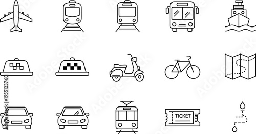 Collection of transportation and travel icons including airplane, train, bus, car, and map