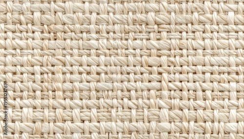 Close Up Of Natural Woven Beige Fabric Texture With Visible Fibers And Interlocking Pattern