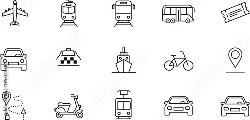 Collection of transportation and travel icons in a clean, modern line art style