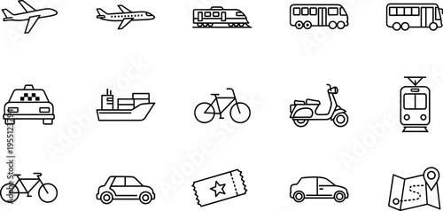 Collection of diverse transportation and travel icons in a clean, modern line art style