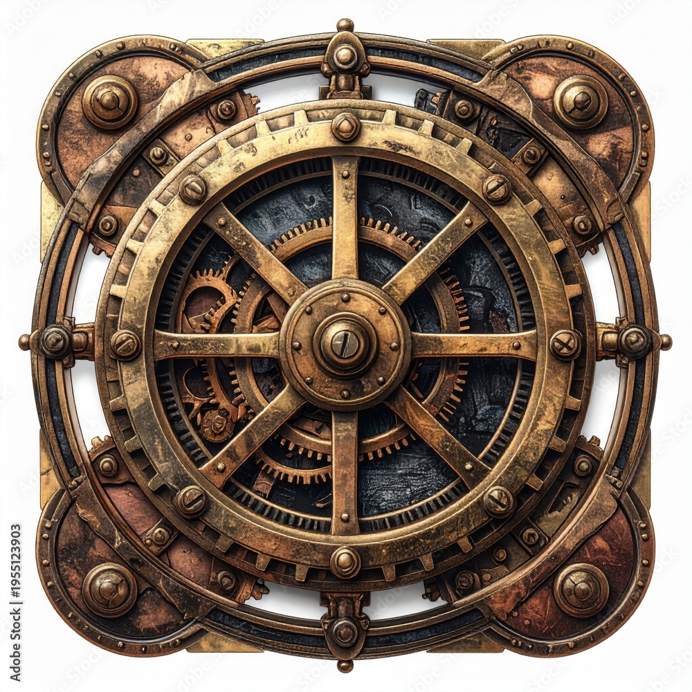 Fototapeta premium Intricate Steampunk Clockwork Mechanism With Brass Gears And Rivets Detailed Intricate Metal Work