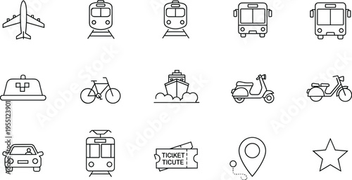 Collection of transportation and travel icons in a clean, modern line art style