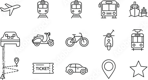 Collection of transportation and travel icons including airplane, train, bus, car, and scooter