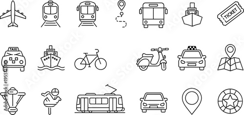 Collection of transportation and travel icons including airplane, train, bus, car, and map
