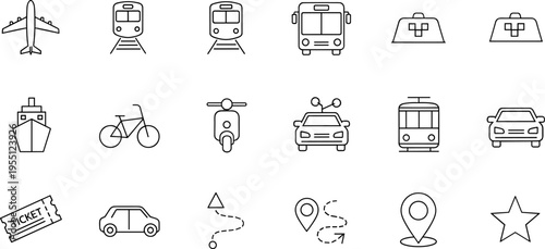 Collection of transportation and travel icons in a simple line art style