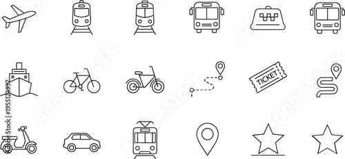 Collection of transportation and travel icons including airplane, train, bus, and map pins