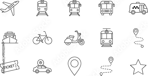 Collection of transportation and travel icons including airplane, train, bus, taxi, and ship