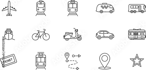 Collection of transportation and travel icons including airplane, train, car, and map pin