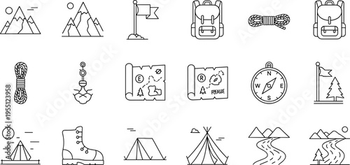 Collection of outdoor adventure and camping icons in a clean line art style