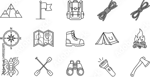 Adventure icons set for outdoor exploration and camping activities
