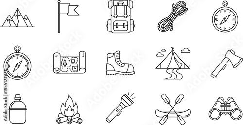 Collection of outdoor adventure and camping icons in a clean line art style