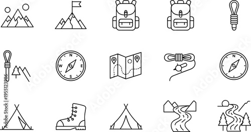 Collection of outdoor adventure and camping icons in a simple line art style