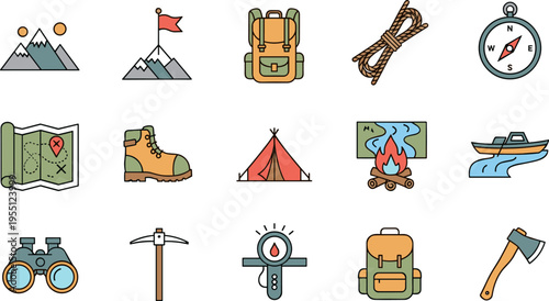 Collection of flat design icons representing outdoor adventure and camping gear