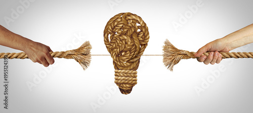 Creative Vision Battle as two opposing ideas in a tug of war pulling a rope on the verge of breaking with a lightbulb or light bulb symbol as a business metaphor for idea conflict.